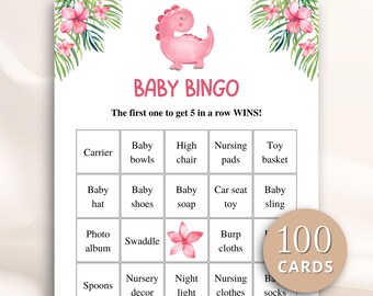 100 Printable Pink Dinosaur Baby Shower Bingo Cards, Prefilled Baby Shower Gift Bingo Cards, Girl Dinosaur Baby Shower Games DOWNLOAD