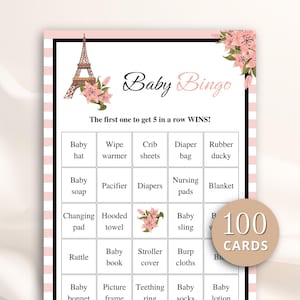 100 Printable Paris Baby Shower Bingo Cards: Prefilled Gift Bingo, Parisian Theme DOWNLOAD