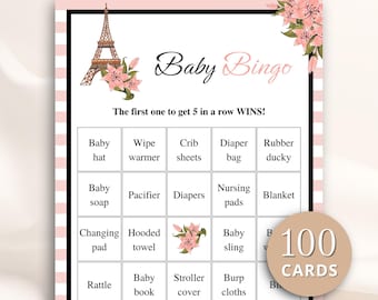 100 Printable Paris Baby Shower Bingo Cards, Prefilled Baby Shower Gift Bingo Cards, Parisian Baby Shower Games, France Baby Shower DOWNLOAD