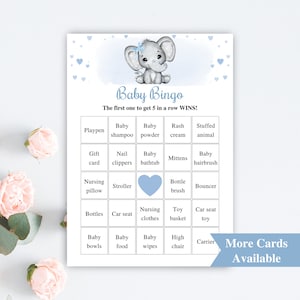 30 cartões de bingo para chá de bebê de elefante imprimíveis | 5x7" cartões azuis do bingo do bebê do elefante | Jogos de chá de bebê com amendoim | DOWNLOAD
