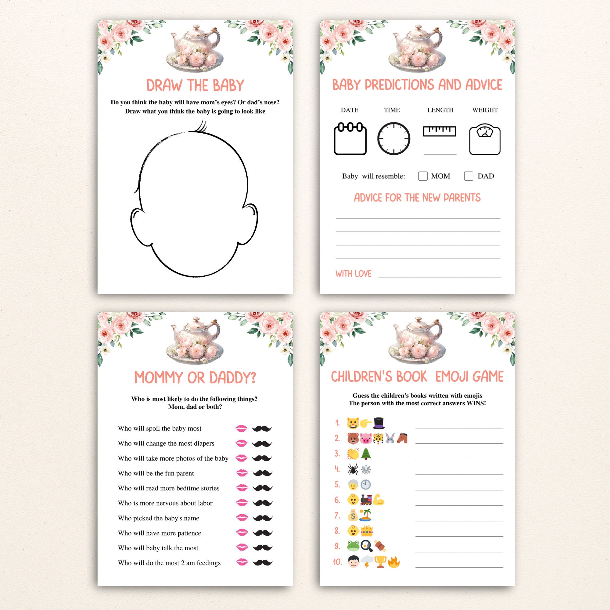 16 Printable Tea Party Baby Shower Games Afternoon Tea Baby Shower Game ...