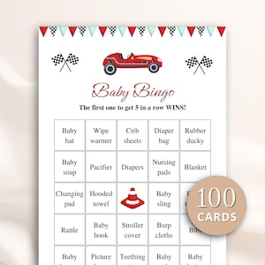 100 Printable Racing Car Baby Shower Bingo Cards: Prefilled Gift Bingo, Red Theme DOWNLOAD