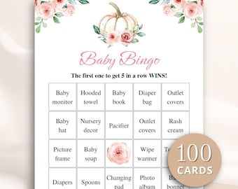 100 Printable Floral Pumpkin Baby Shower Bingo Cards, Prefilled Baby Shower Gift Bingo Cards, Fall Baby Shower Games, DOWNLOAD