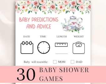 30 juegos imprimibles para baby shower, juegos para baby shower de té de la tarde, juegos para baby shower de té real, juegos para baby shower floral, DESCARGAR