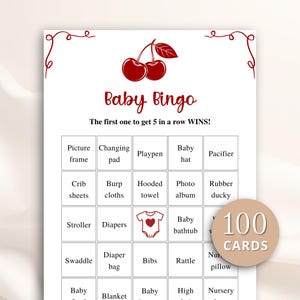 May include: Baby Bingo game card with a cherry illustration at the top. The card features a grid with baby-related items like a stroller, diapers, and a baby bathtub. A circular sticker indicates "100 CARDS".