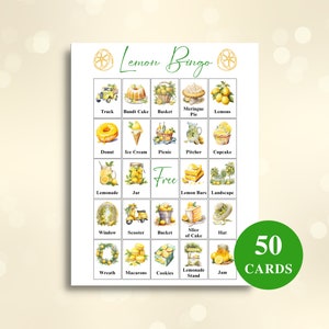 50 tarjetas de bingo de limón imprimibles / Bingo con imágenes temáticas de limón para despedida de soltera de limón y fiesta de cumpleaños de limón / 8.5x11 Carta de EE. UU. / DESCARGAR