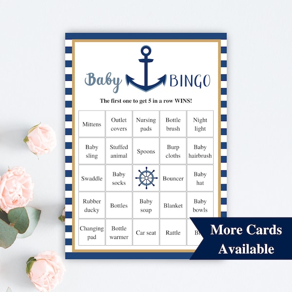 30 Printable Baby Bingo Cards, Nautical Baby Shower Baby Bingo Prefilled Cards, Ahoy It’s A Boy Baby Shower Games, Sailor Baby Shower Bingo