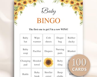 100 Printable Sunflower Baby Shower Bingo Cards, Prefilled Baby Shower Gift Bingo Cards, Floral Baby Shower Games, DOWNLOAD