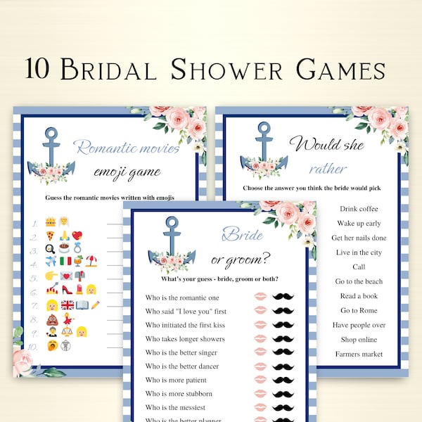 10 Printable Nautical Bridal Shower Games, Floral Anchor Bridal Shower Game Bundle, Ocean Bridal Shower Games, Last Sail Before The Veil
