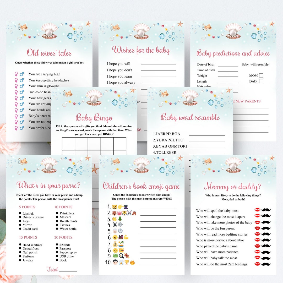 8 Printable Ocean Themed Baby Shower Games Ocean Baby Shower Etsy