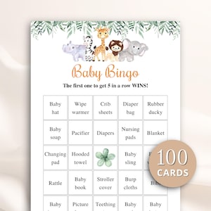 100 Printable Safari Baby Shower Bingo Cards, Prefilled Baby Gift Bingo Cards, Jungle Baby Shower Games, Safari Animals Baby Shower DOWNLOAD