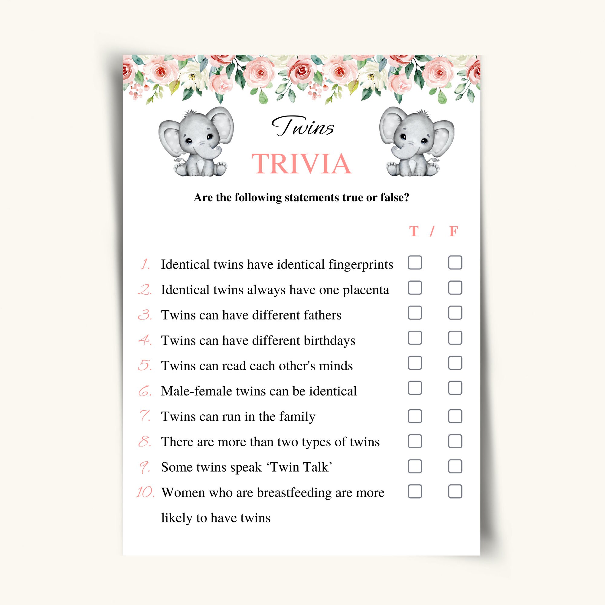 Printable Twin Trivia Baby Shower Game Floral Twin Baby | Etsy