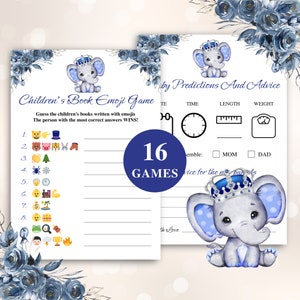 Printable Royal Blue Baby Shower Games: Elephant Theme, 16 Game Bundle, DOWNLOAD