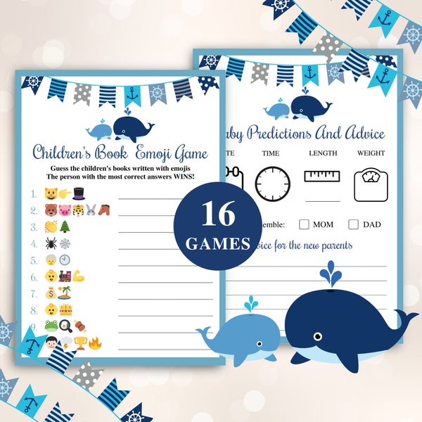 16 Printable Whale Baby Shower Games, Nautical Baby Shower Games, Sailor Baby Shower Games, Ocean Theme Baby Shower Game Bundle, DOWNLOAD