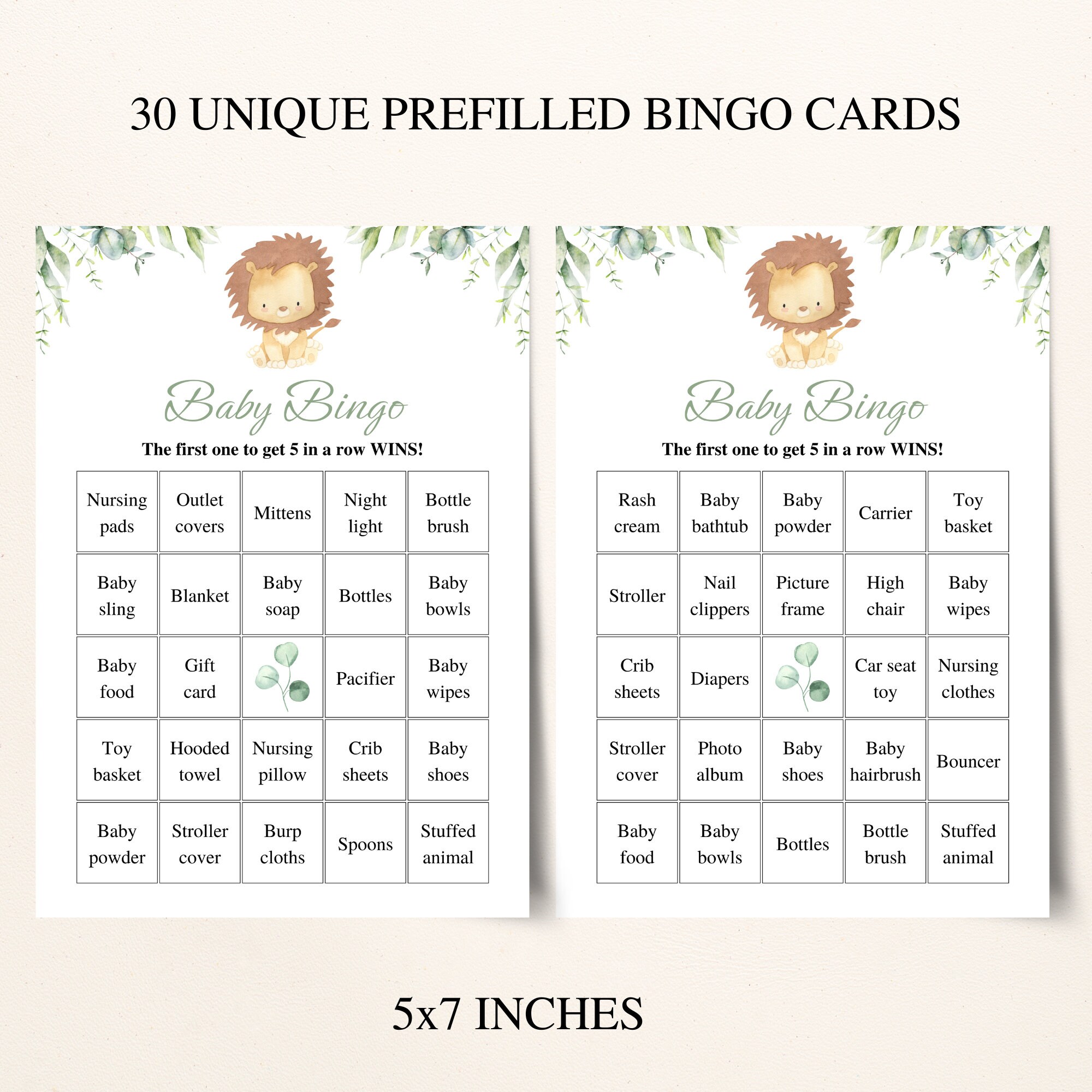 30 Printable Lion Baby Shower Bingo Cards 5x7'' Prefilled Baby Bingo ...