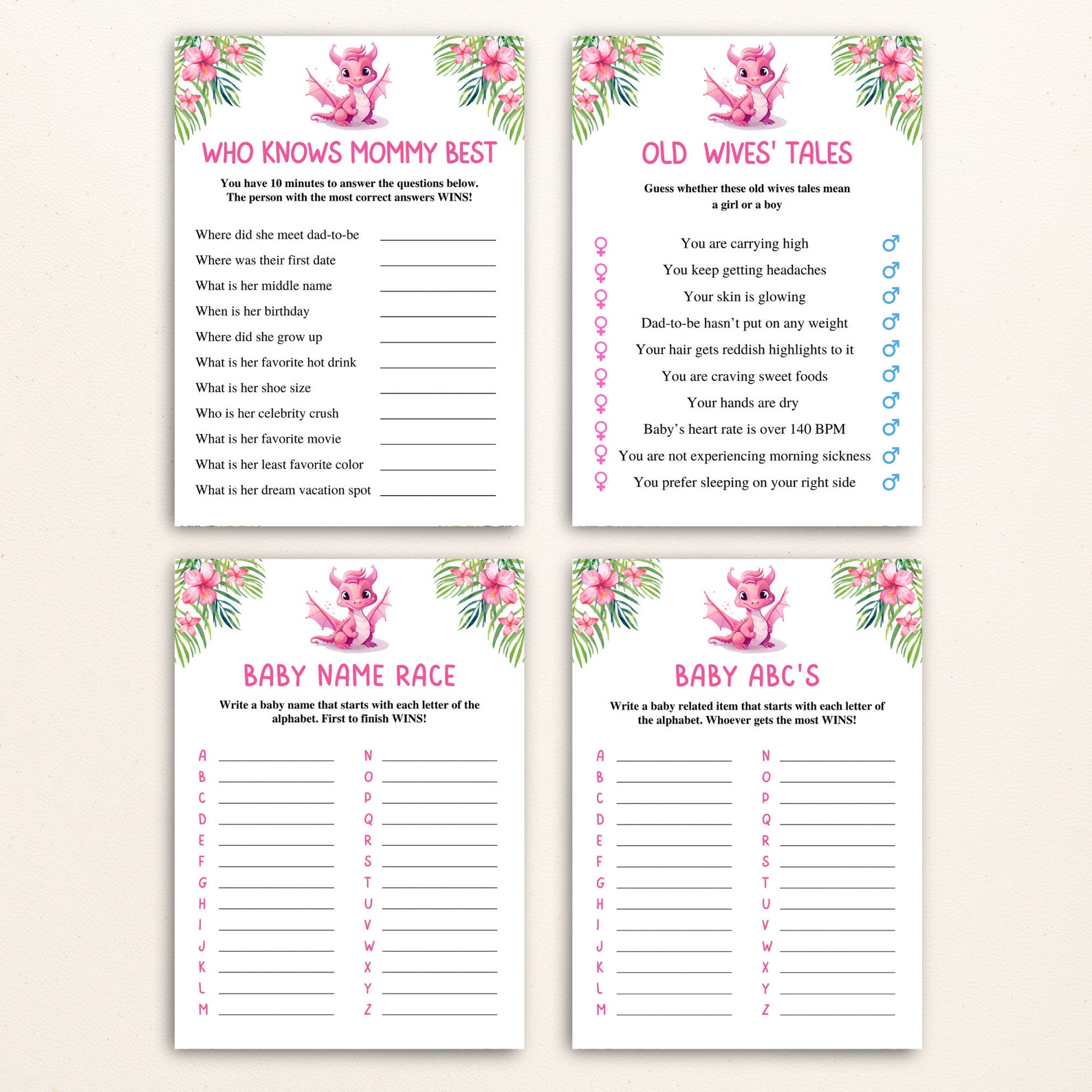 16 Printable Pink Dragon Baby Shower Games Girl Dragon Baby Shower Game ...