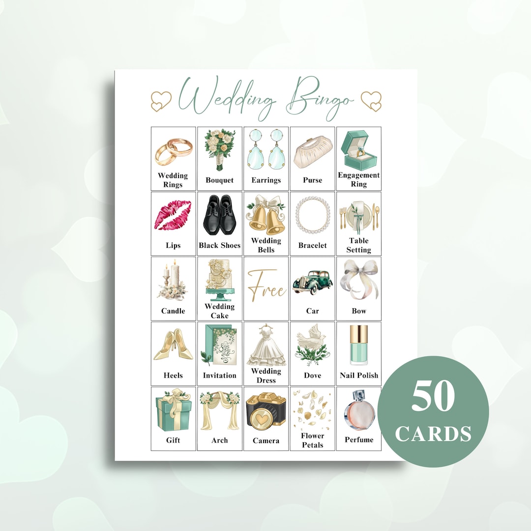 50 Printable Wedding Bingo Cards | Green Wedding Picture Bingo Cards ...