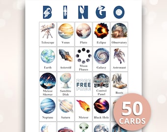 May include: A space-themed bingo game card featuring a grid of twenty-five squares. Each square contains a watercolour illustration of celestial objects like planets, an astronaut, and a telescope, with corresponding text labels below each image.