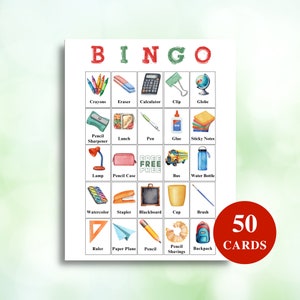 50 cartões de bingo escolar para impressão | Bingo com imagens temáticas da escola | Jogos de volta às aulas | Jogos de sala de aula | Carta dos EUA 8.5x11 DOWNLOAD