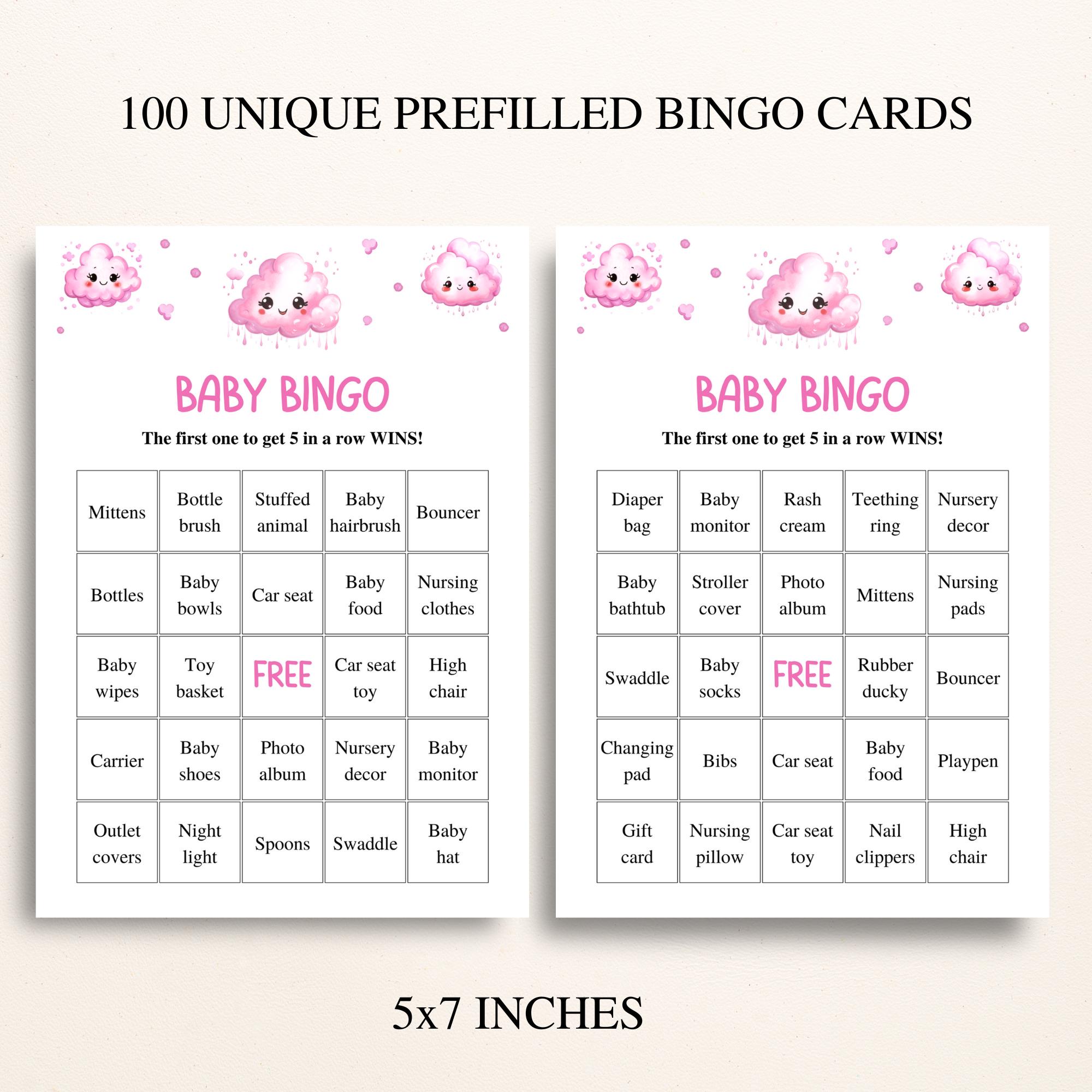 100 Printable Pink Cloud Baby Shower Bingo Cards, Prefilled Baby Shower ...