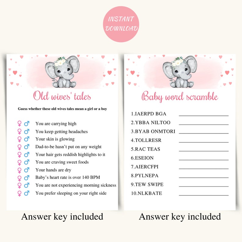 8 Printable Elephant Baby Shower Games Girl Elephant Baby Etsy