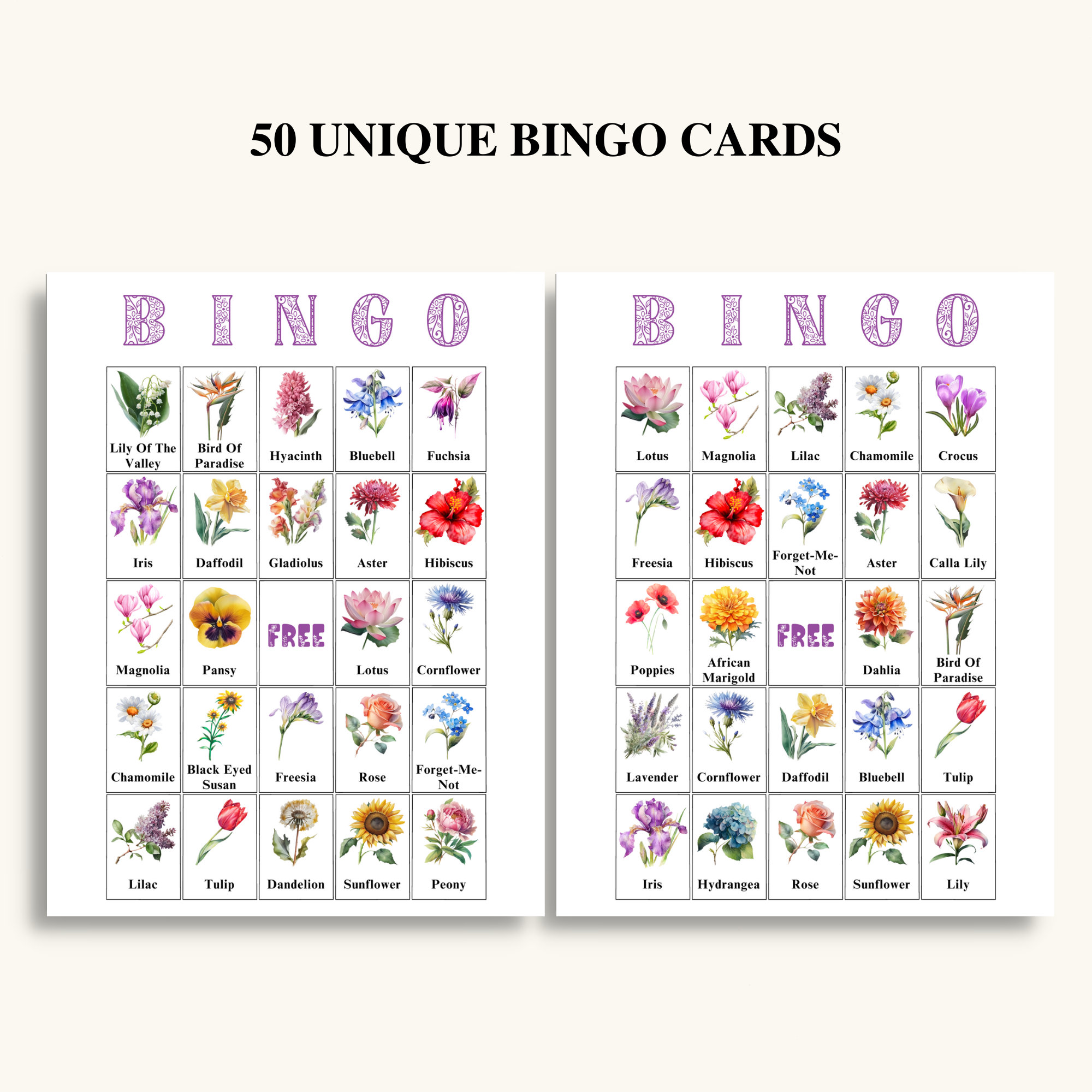 50 Printable Flower Bingo Cards Flower Themed Picture Bingo Gardening ...