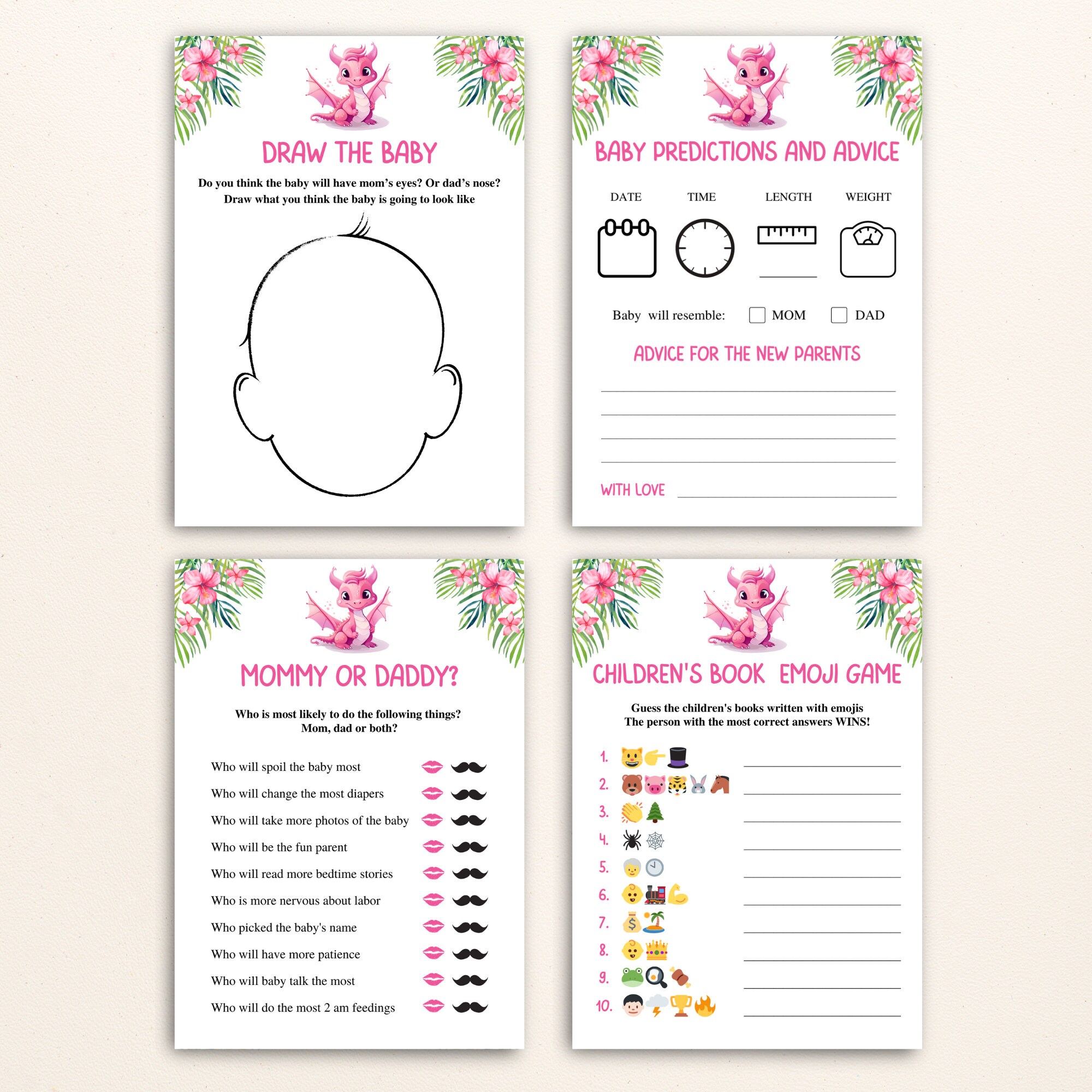 16 Printable Pink Dragon Baby Shower Games Girl Dragon Baby Shower Game ...