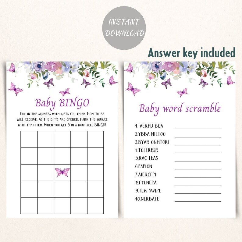 Printable Purple Butterfly Baby Shower Games 5x7'' Etsy