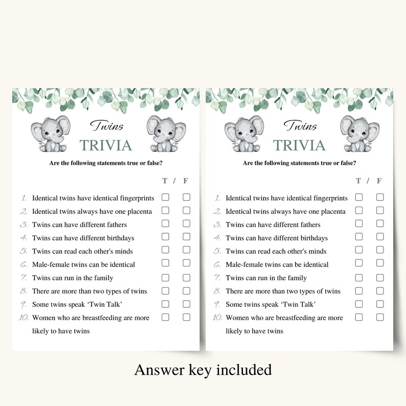 Printable Twin Trivia Baby Shower Game Eucalyptus Twin Baby | Etsy