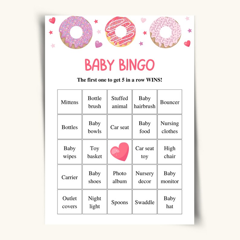 40 Printable Donut Baby Shower Bingo Cards Pink Doughnut Etsy