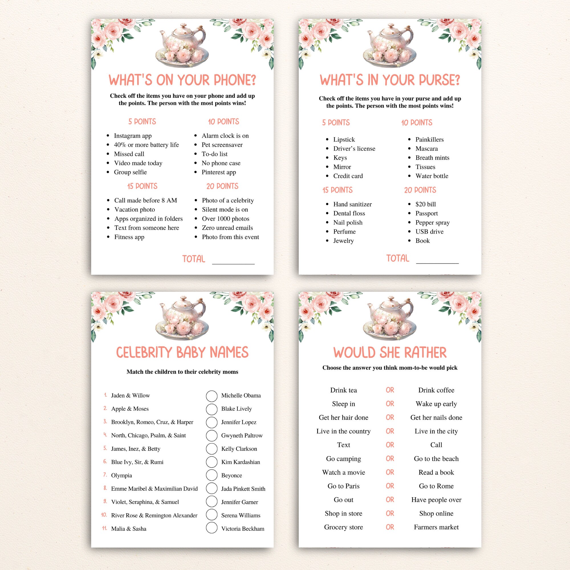 16 Printable Tea Party Baby Shower Games Afternoon Tea Baby Shower Game ...