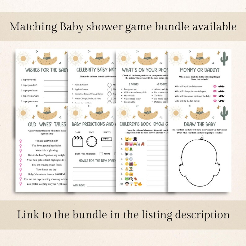100 Printable Western Baby Shower Bingo Cards: Prefilled Baby Shower Gift Bingo, Country Baby Shower, Cowboy Baby Shower Games DOWNLOAD image 6