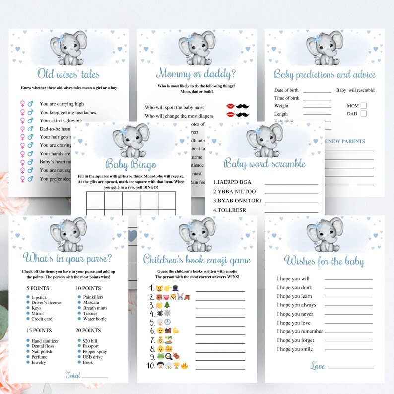 8 Printable Elephant Baby Shower Games, Boy Elephant Baby Shower Game