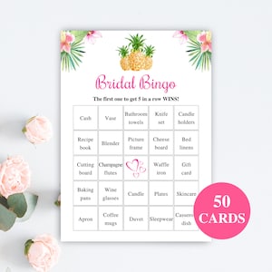 50 tarjetas de bingo de despedida de soltera de piña imprimibles / Bingo de regalo de despedida de soltera precargado / Juegos de despedida de soltera tropicales / DESCARGAR