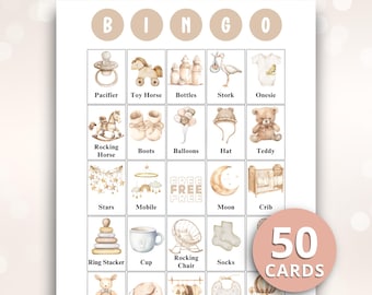 May include: A baby shower bingo game card featuring a grid of 25 squares with beige watercolor illustrations of baby items like a pacifier, rocking horse, teddy bear, and crib. The top header reads BINGO and the center square says FREE.