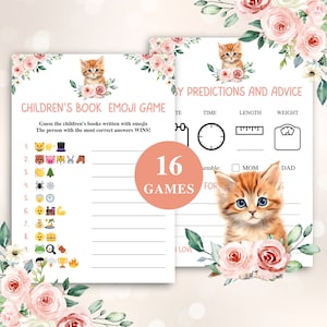 印刷可能な猫をテーマにしたベビーシャワーゲーム、猫のベビーシャワーと動物のベビーシャワーのための子猫のベビーシャワーゲームバンドル、即時ダウンロード