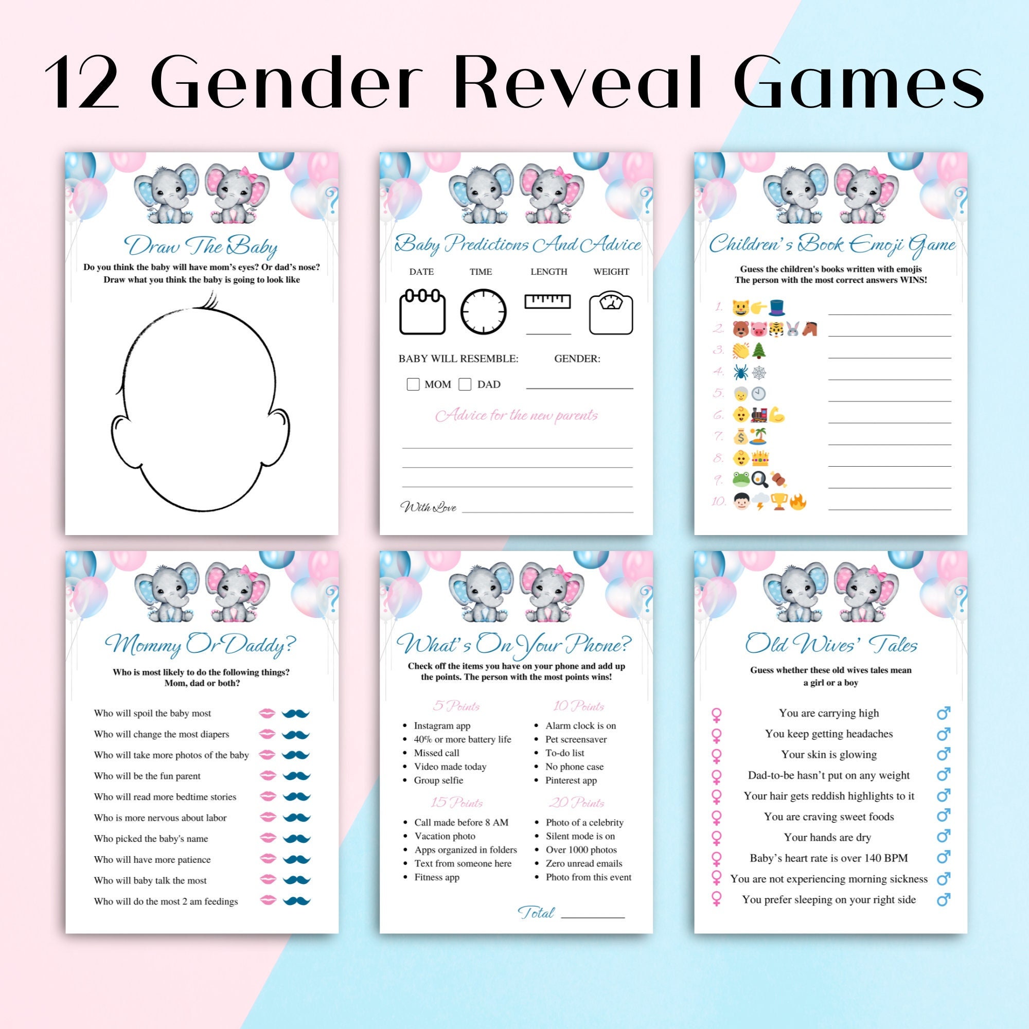 12 Printable Elephant Gender Reveal Games Pink and Blue Gender Reveal ...