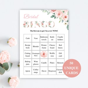 50 cartes de bingo imprimables pour la douche nuptiale, cartes préremplies de jeu de bingo pour la mariée, cadeau de bingo pour la douche nuptiale, jeux floraux pour la douche nuptiale, téléchargement