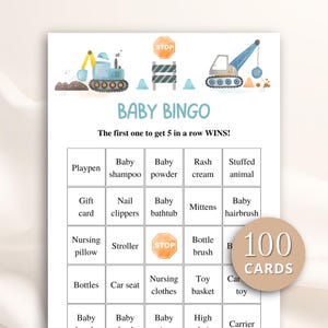 100 tarjetas de bingo imprimibles para baby shower de construcción, tarjetas de bingo de regalo precargadas para baby shower, juegos de camiones para baby shower, DESCARGAR