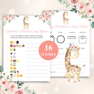 16 Printable Pink Giraffe Baby Shower Games | Floral Safari Baby Shower Game Bundle | Jungle Baby Shower | Girl Giraffe Baby Shower DOWNLOAD