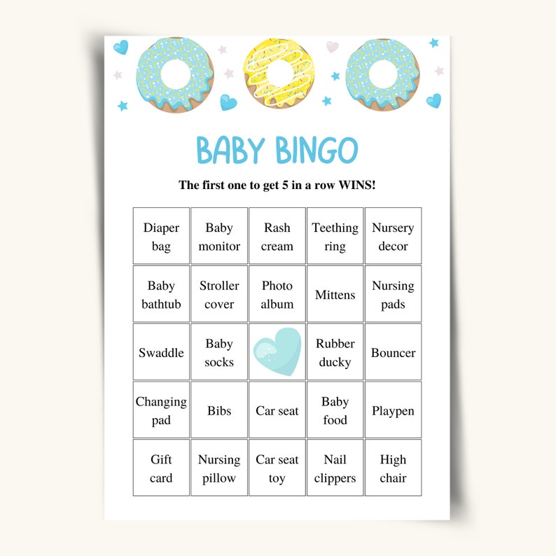 40 Printable Donut Baby Shower Bingo Cards Blue Doughnut Etsy