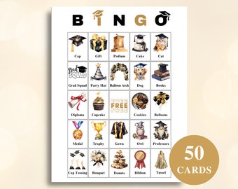50 Printable Graduation Picture Bingo Cards, Grad Party Games, Graduation Party Games, Graduation Bingo, 8.5x11'' DOWNLOAD