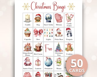 Pode incluir: Uma cartela de jogo de Bingo de Natal com uma grade de vinte e cinco quadrados contendo ilustrações em aquarela de itens festivos como vela, cão, globo de neve, luvas, bengalas doces, cupcake, laço, luzes, urso polar, pinguim, casa de gengibre, chocolate quente, árvore, biscoitos, Papai Noel, lanterna, enfeite, rato, suéter, gnomo, lareira, tronco de Natal e visco.