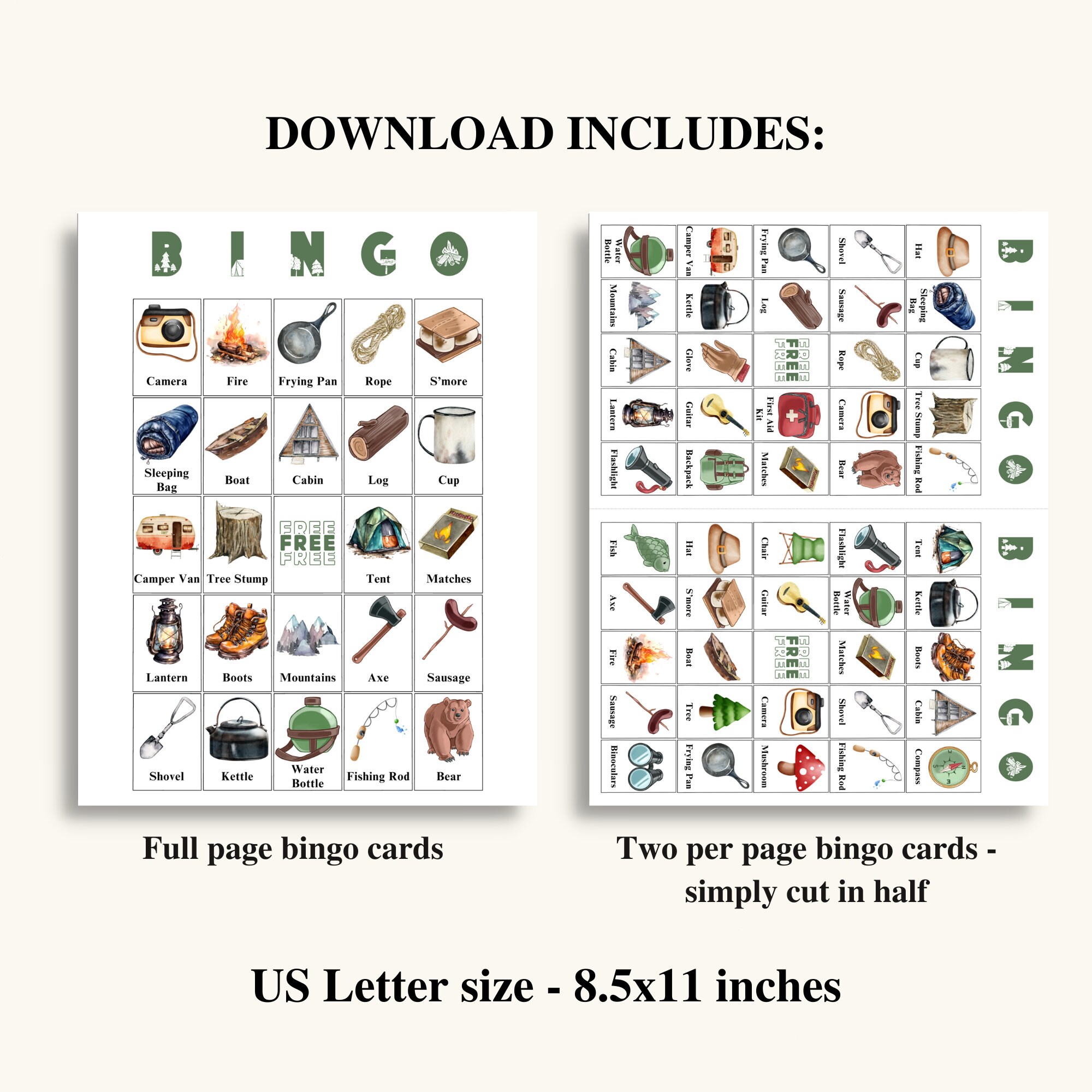 50 Printable Camping Bingo Cards Camping Themed Picture Bingo Cards ...
