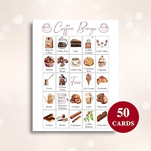 50 Tarjetas de bingo de café imprimibles / Juegos de fiesta temáticos de café / Juegos de despedida de soltera de café / Juegos de fiesta de cumpleaños de café / DESCARGAR