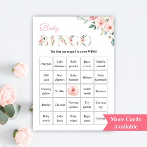 30 afdrukbare voorgevulde baby shower bingokaarten, bloemen baby shower bingokaarten, blozen roze baby shower games, baby bingo voorgevulde download