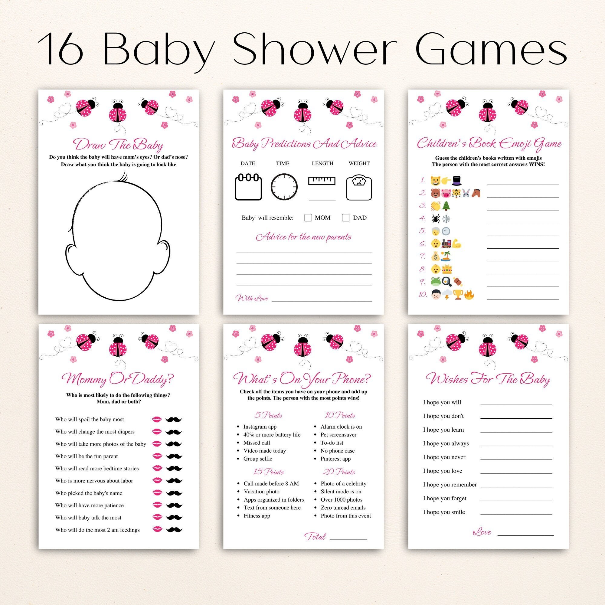 16 Printable Pink Ladybug Baby Shower Games Ladybug Themed Baby Shower ...