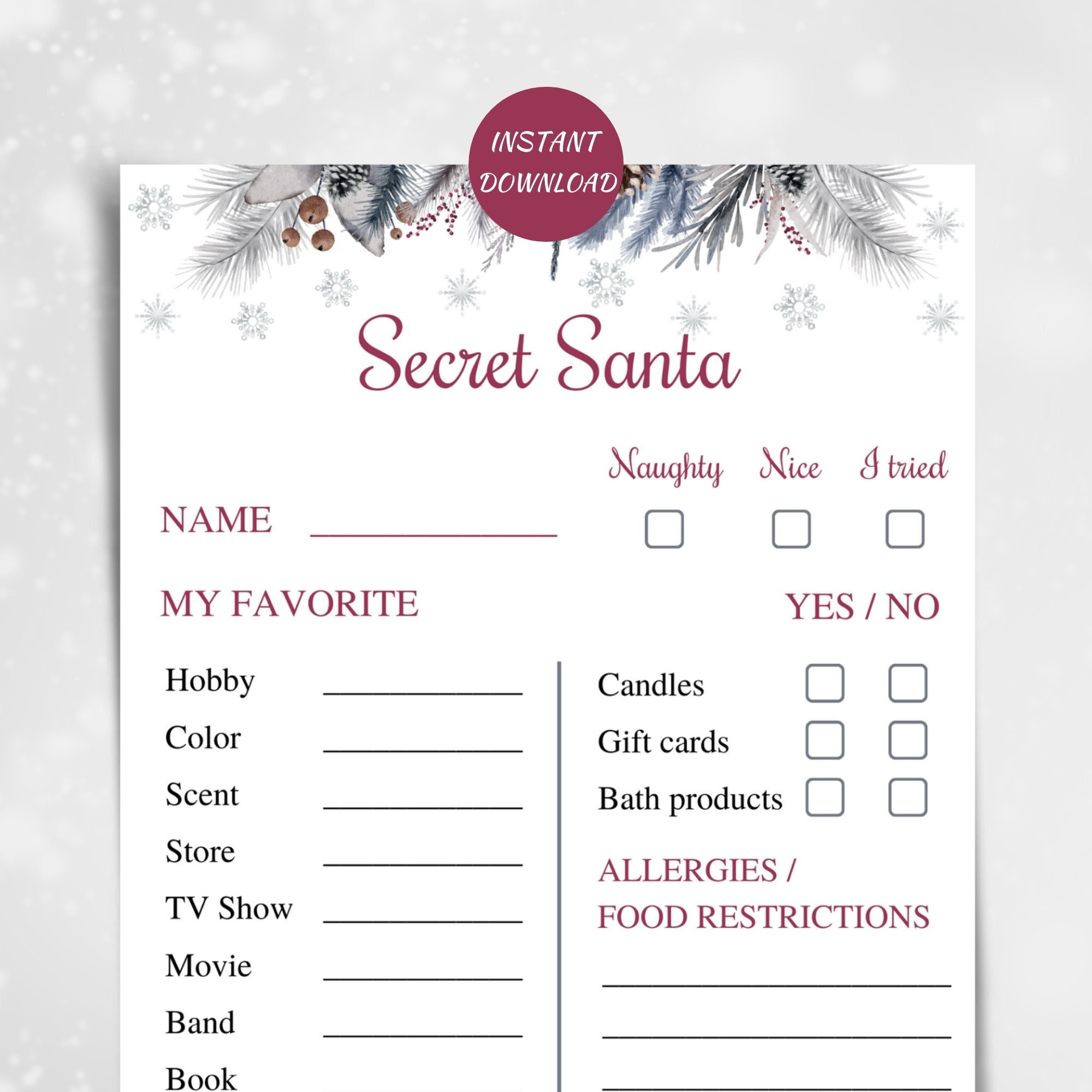 Printable Secret Santa Wish List For Coworkers