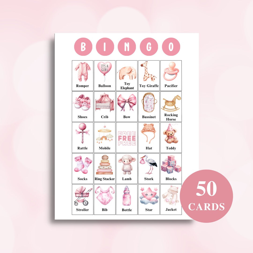 50 Printable Girl Baby Shower Bingo Cards | Baby Shower Picture Bingo ...