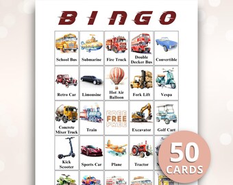 May include: A transport-themed bingo game card featuring the word BINGO in dark red at the top. The grid contains twenty-five squares, each displaying a watercolour illustration of a vehicle with its name below, plus a central FREE space.